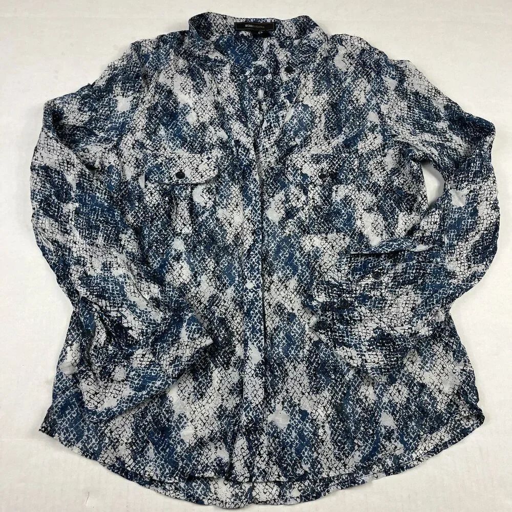 BCBGMAXAZRIA Silk Blend Button Shirt Abstract Animal Print Loose Fit Blouse M